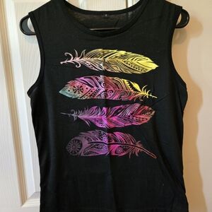 Black Tank Top with Colorful Feather Design